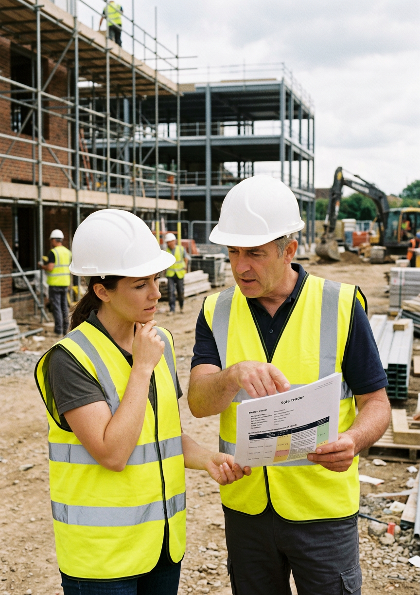 Construction workers discussing a RAMS document