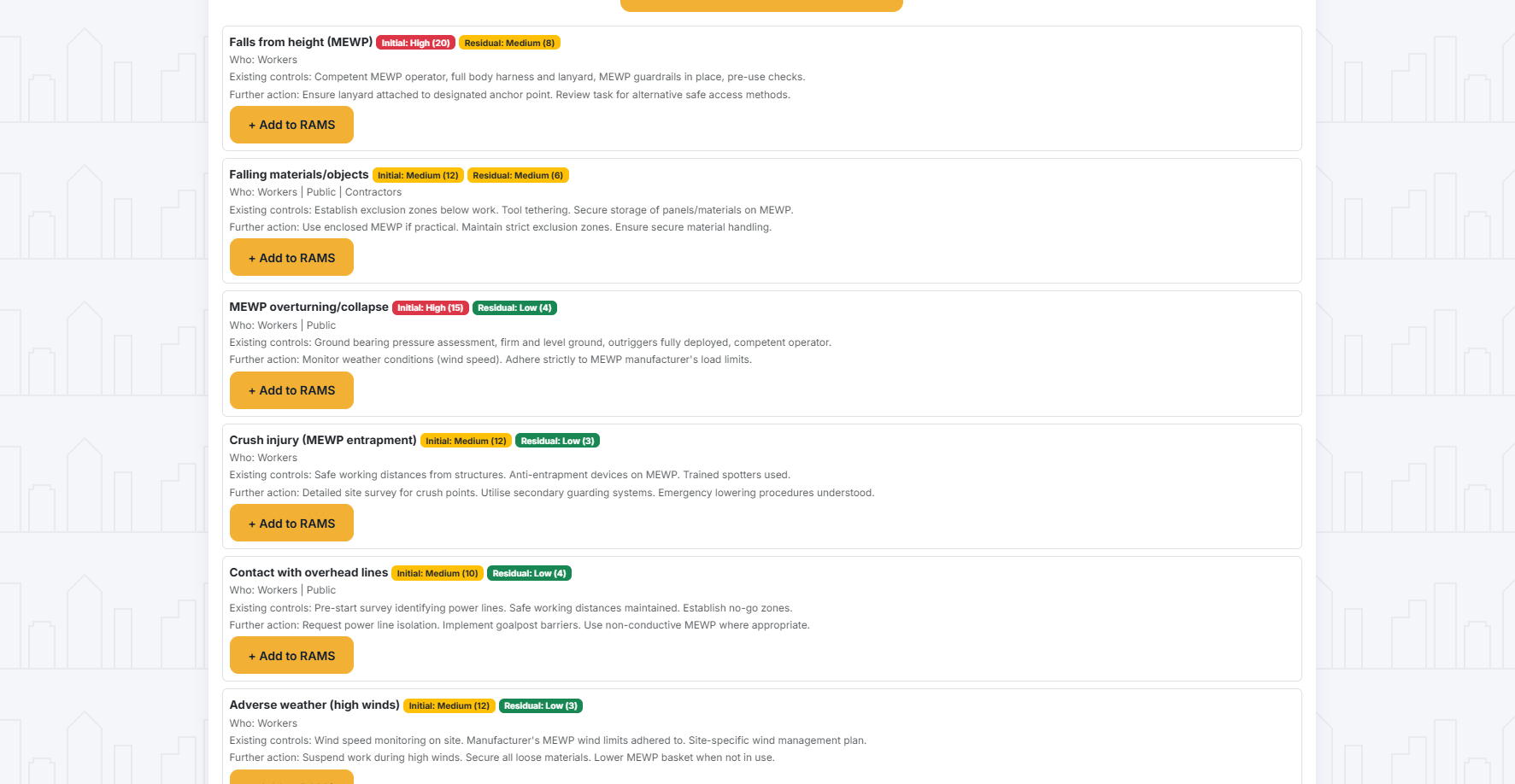 AI-drafted hazards for a cladding installation, only what's relevant