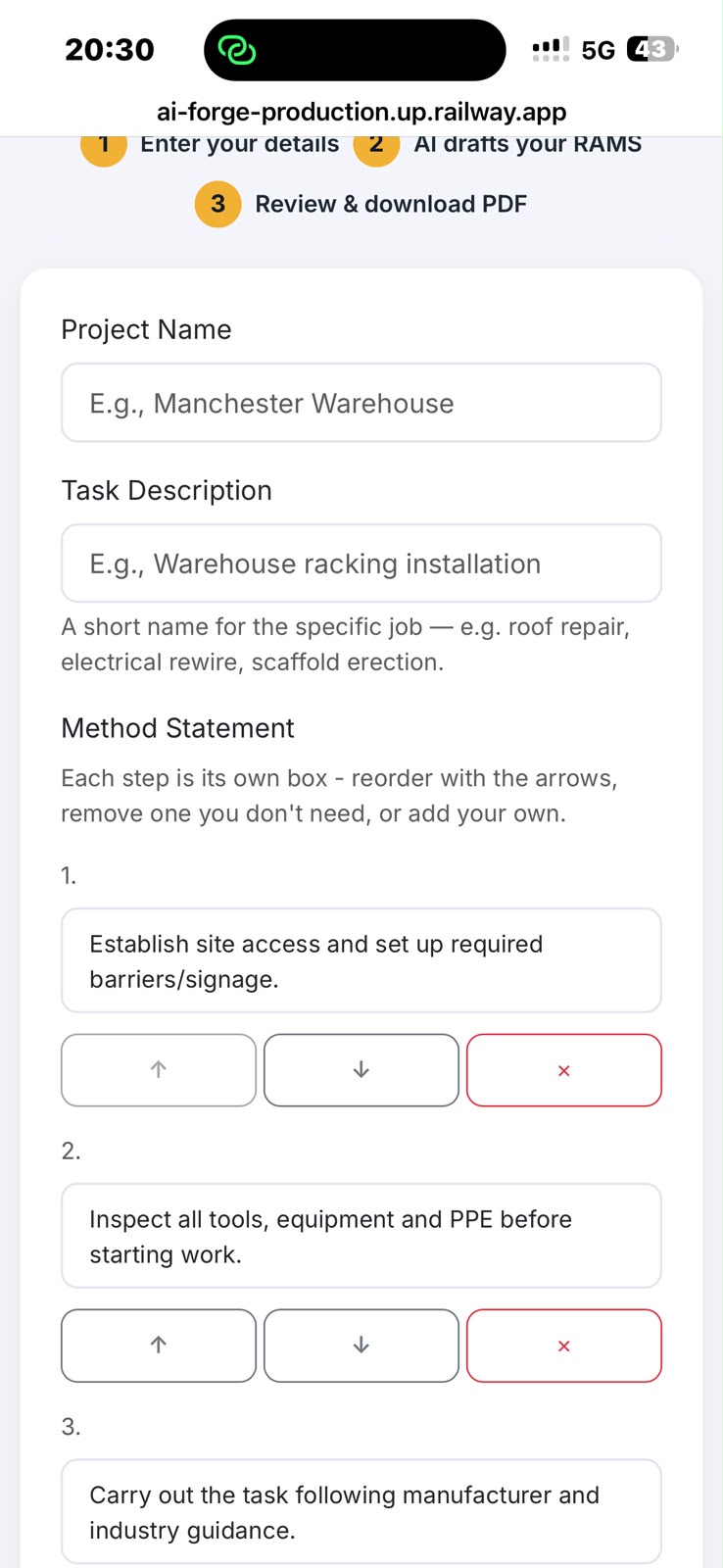 Mobile form for creating a RAMS
